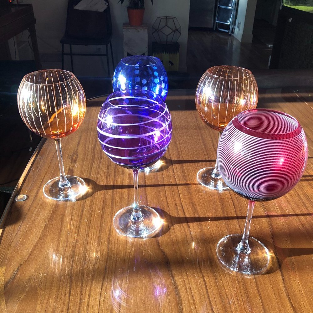 Five Mikasa Crystal Cheers Balloon Wine Goblets
